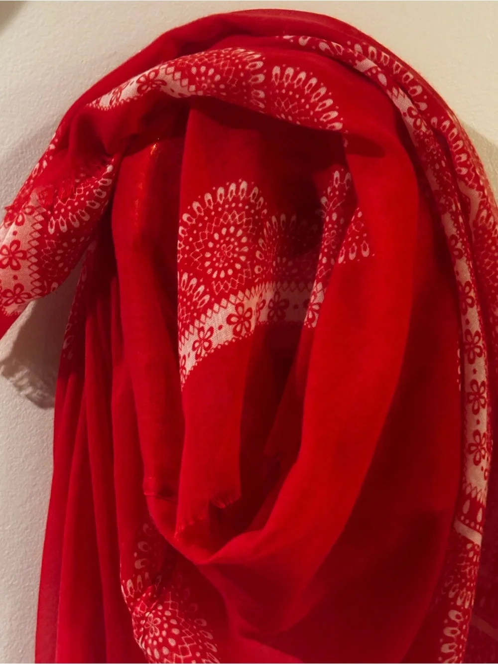 VTG vibrant red-and-orange lightweight infinity scarf with an ornate mandala
